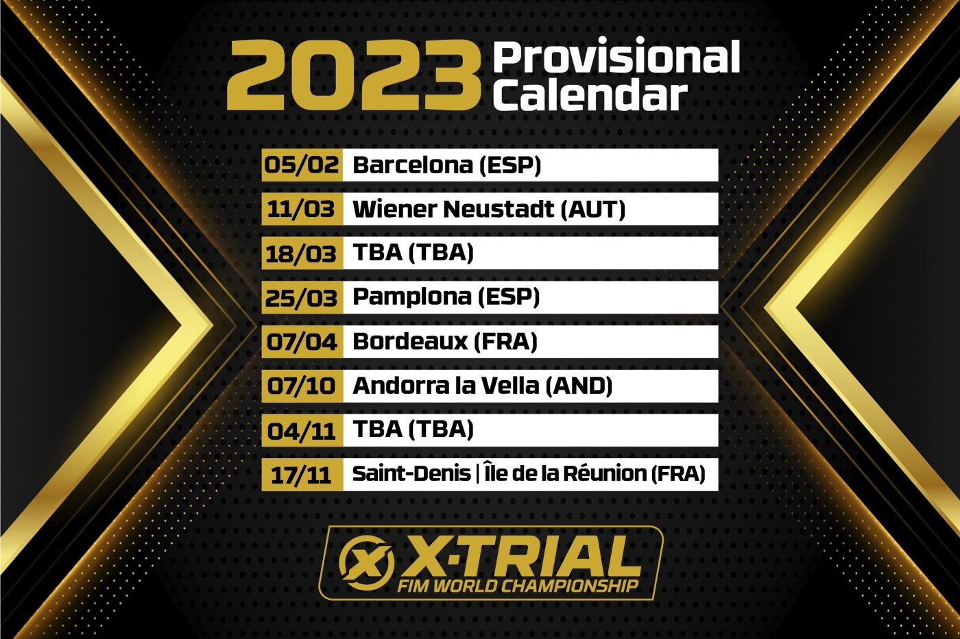 Calendrier pr�visionnel du Championnat du Monde FIM de X-Trial 2023